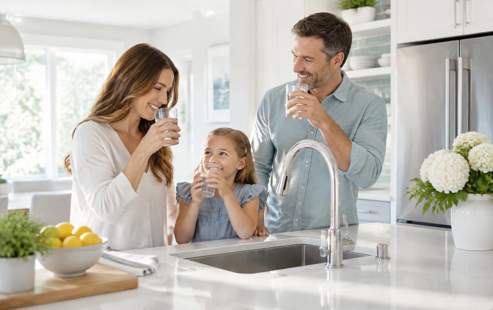 Family enjoying glasses of purified water in a bright kitchen